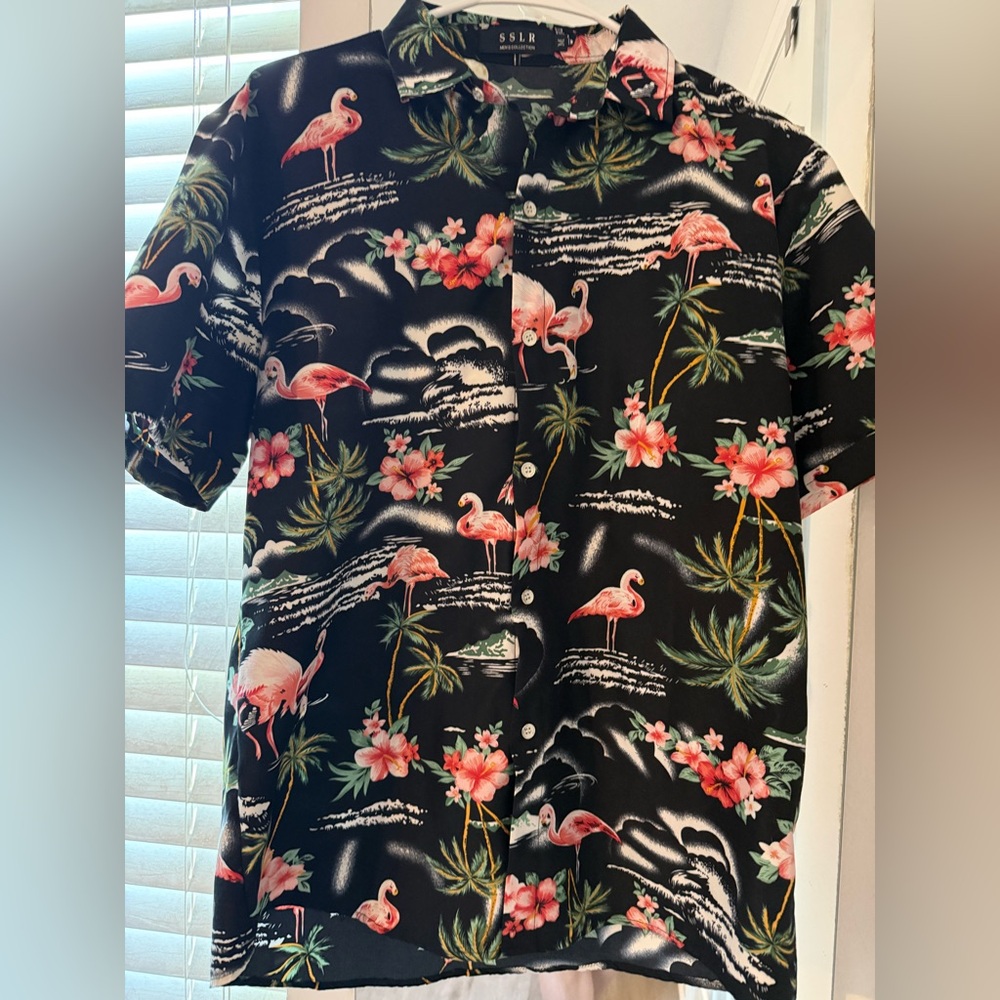 SSLR Men's Black Flamingo Print Casual Shirt